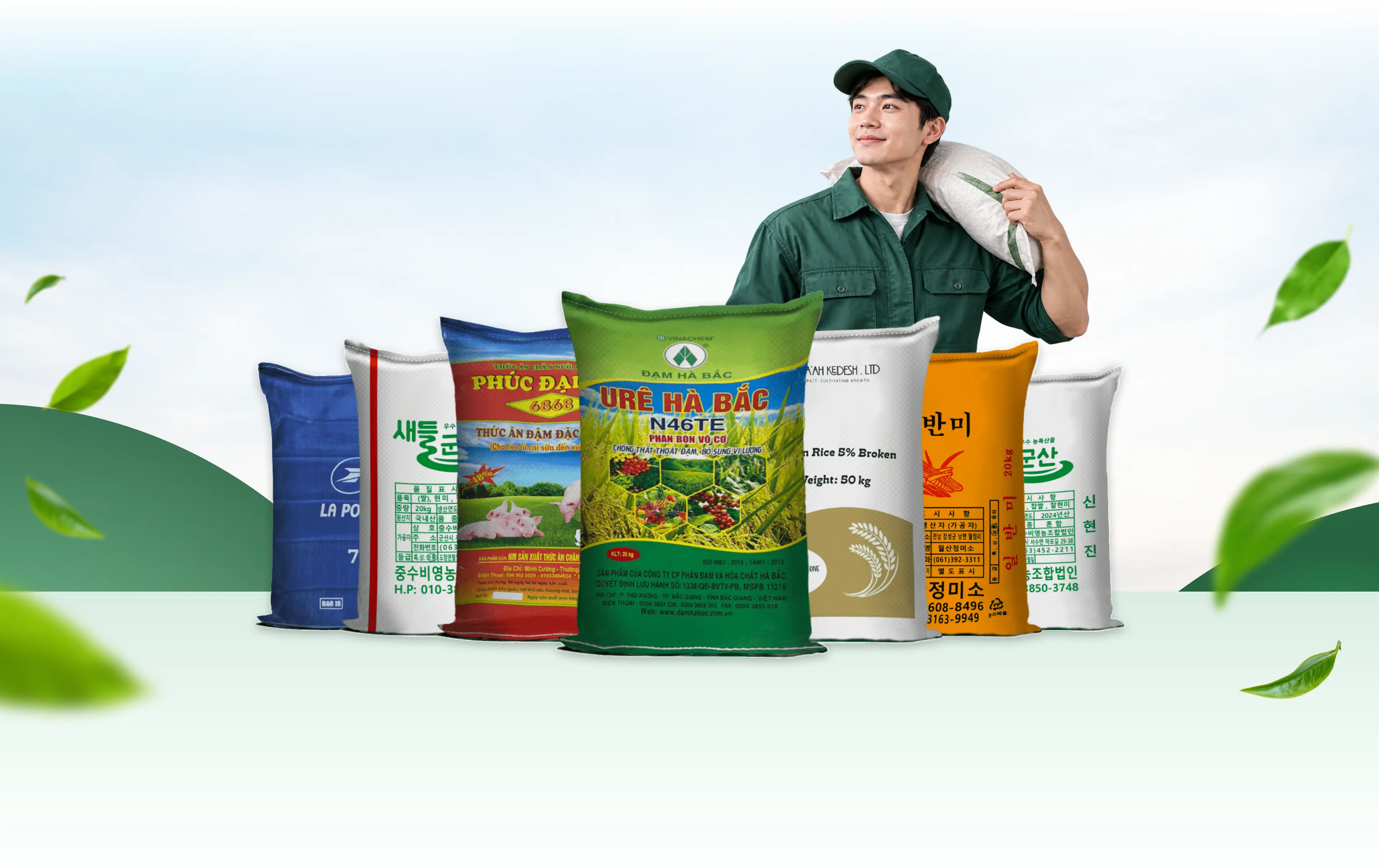 Công nhân Hiếu Linh vác bao cùng các mẫu bao bì PP dệt in màu